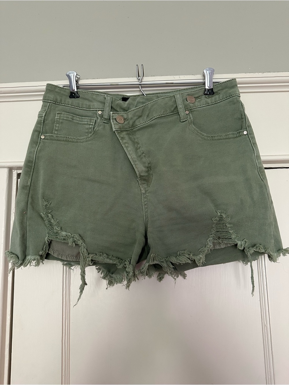 Frayed Olive Green High-Rise Denim Shorts for Women